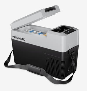 open dometic cooler with strap shown on white background 