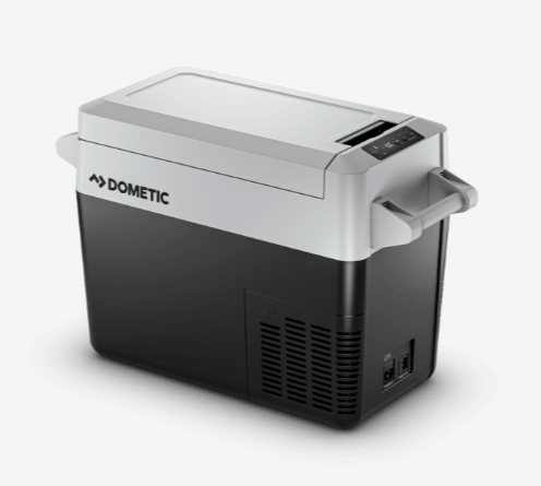 dometic 4X4 grey and black closed fridge shown on white background