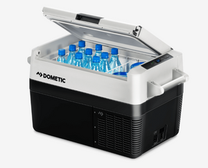 dometic 4X4 open fridge with two compartments filled with water bottles