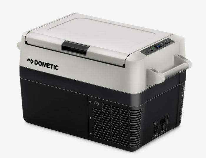 dometic fridge grey and black on white background with carrying handle