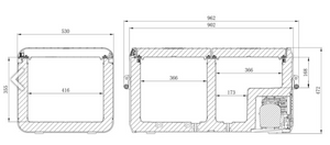 black and white drawing with dimensions of a dometic fridge