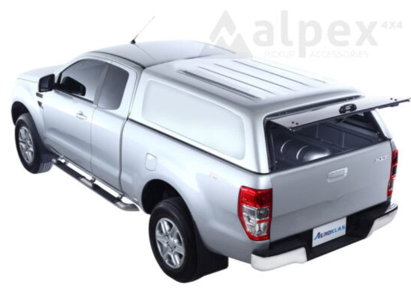 gray pickup on white background with rear door of Canopy Hardtop open