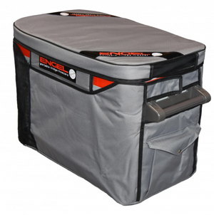 grey engel cooler bag with a front pocket and a handle that protrudes on a white background