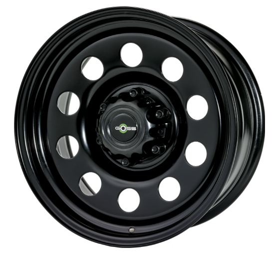 black rim GOSS with holes inside presented on a white background