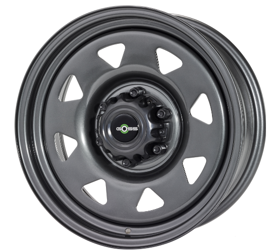 Grey steel rim GOSS shown 3/4 on a white background