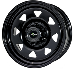 Black steel rim with GOSS written on the hub cap