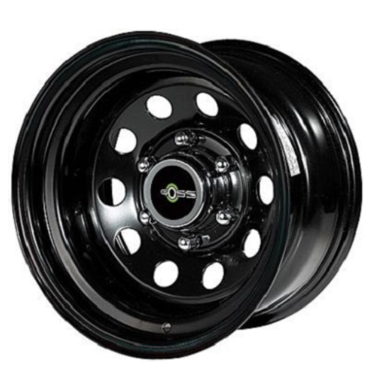 black modular rim with green GOSS brand shown on a white background