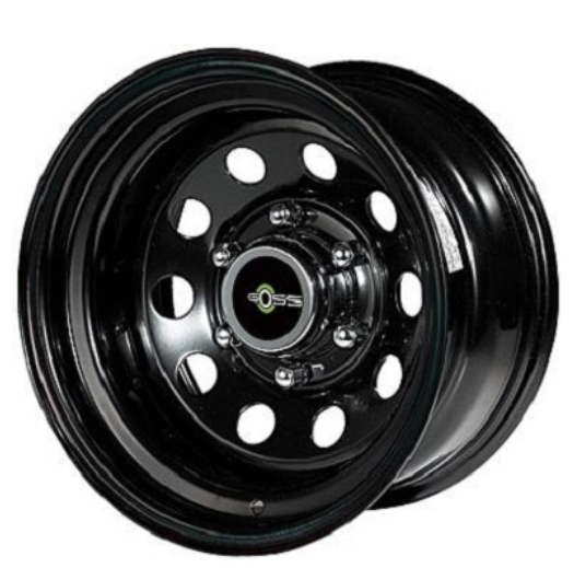 black steel rim with round holes on the inside of the markings GOSS