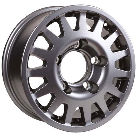Gray aluminum rim with many spokes shown on white background with 5 holes in the middle