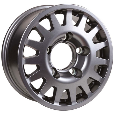 Gray multi-spoke aluminum wheel with white background