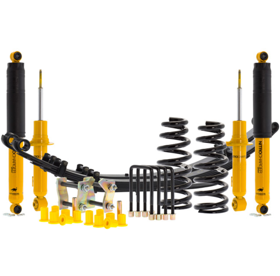 yellow suspension kit composed of shock absorbers, springs, blades as well as binoculars and clamps