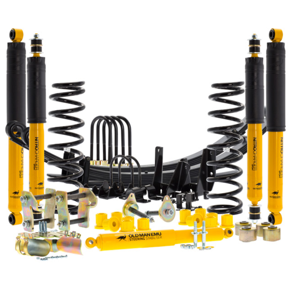 complete black and yellow suspension kit for pick up truck with all its components