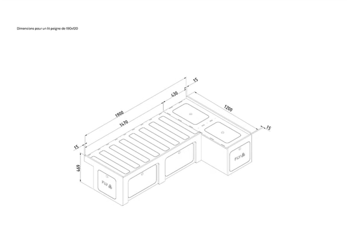 dimensioned drawing of an L-shaped comb bed