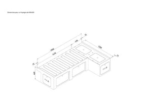 dimensioned drawing of an L-shaped comb bed