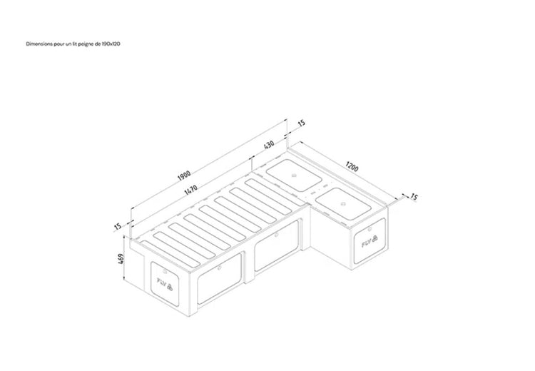 dimensioned drawing of an L-shaped comb bed