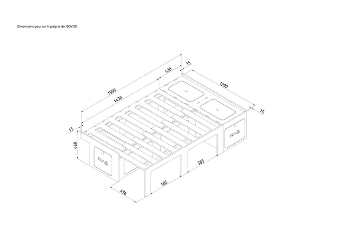 Unfolded L-shaped comb bed with dimensions