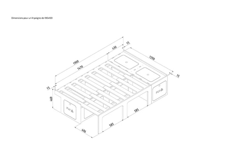 Unfolded L-shaped comb bed with dimensions