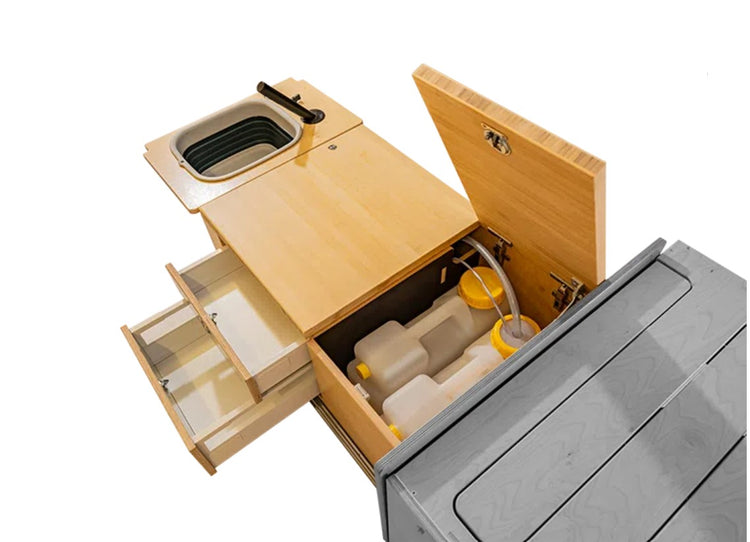 van grey drawer unfolded with sink