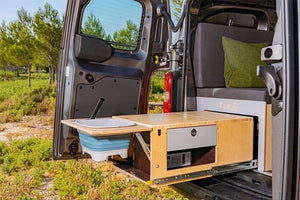 Kitchen drawer pulled out of a cabinet VAN