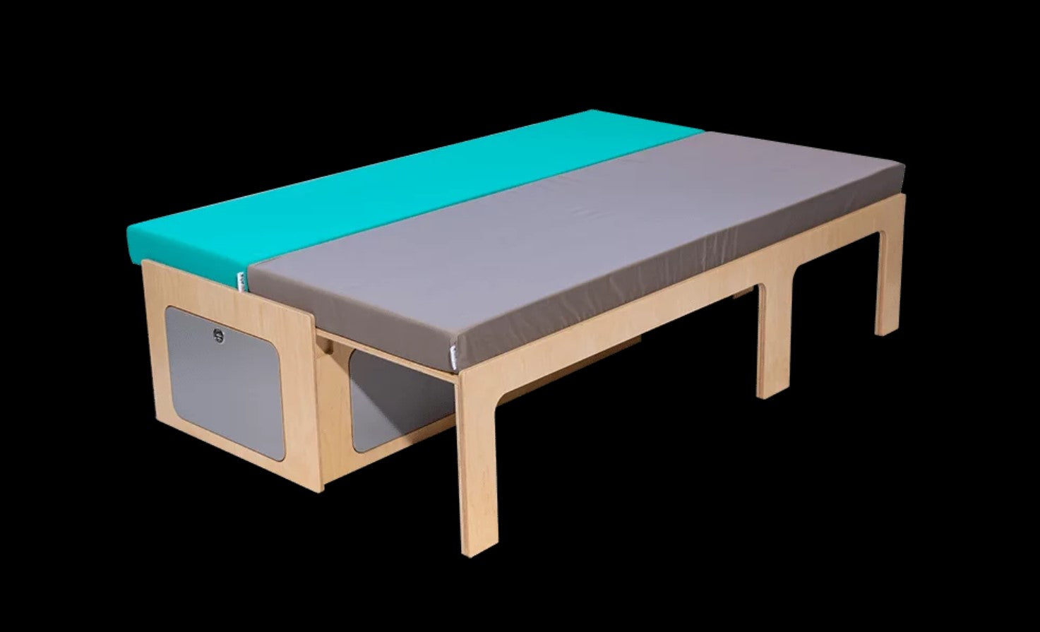 Wooden fold-out bed with two-tone mattress