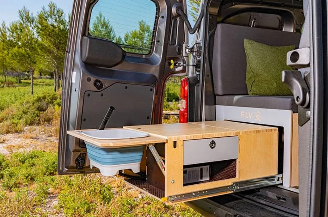 Unfolded kitchen drawer in a VAN