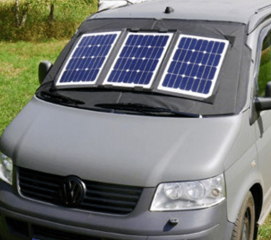 solar panel on the windscreen of a Volkswagen Transporter T5