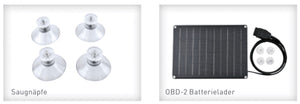 two images that break down the solar battery charging kit with suction cups