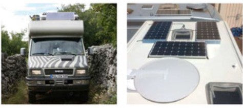 Front and top view of a caravan with solar panels