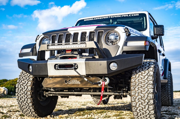 Jeep wrangler in a rocky landscape equipped with a bumper