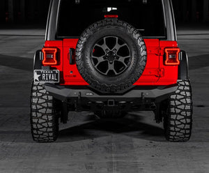 rear view of a red jeep jl with a short bumper
