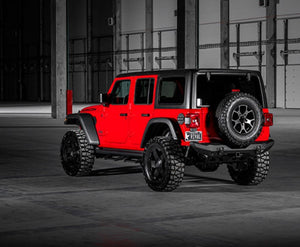 side view of a red and black JL jeep wrangler