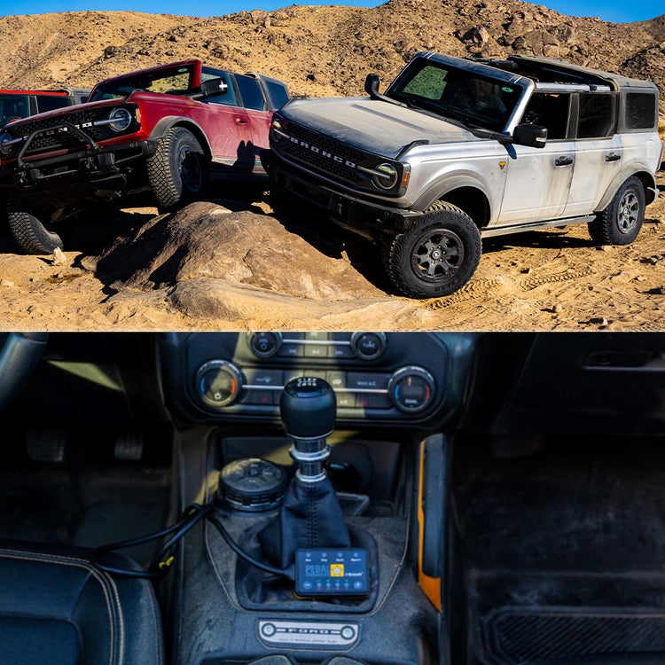 two ford bronco on a rock and a second image below