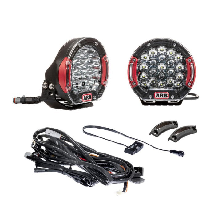 two ARB LED lights with wiring shown on white background