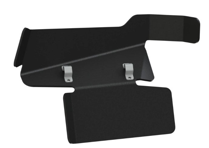 behind a black protective cover with two gray fasteners