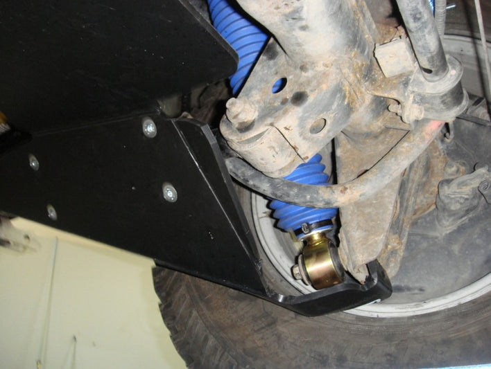 blue shock absorber under a vehicle with protection in front