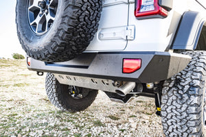 rear of a JL jeep with spare wheel and black steel bumper