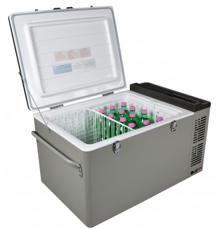 engel fridge completely open grey with bottles in one compartment
