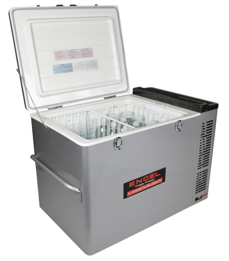 engel grey open fridge with double filled compartment