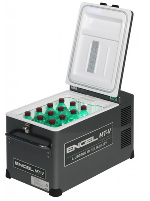 engel fridge dark grey open with bottles, from the MT-V series