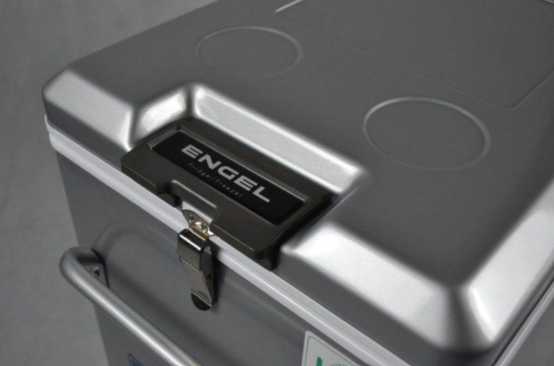 front view of an engel fridge with a metal fastener 