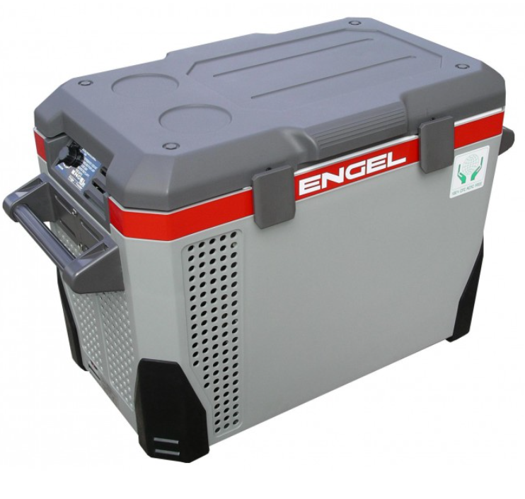 engel portable fridge grey and red, closed on a white background