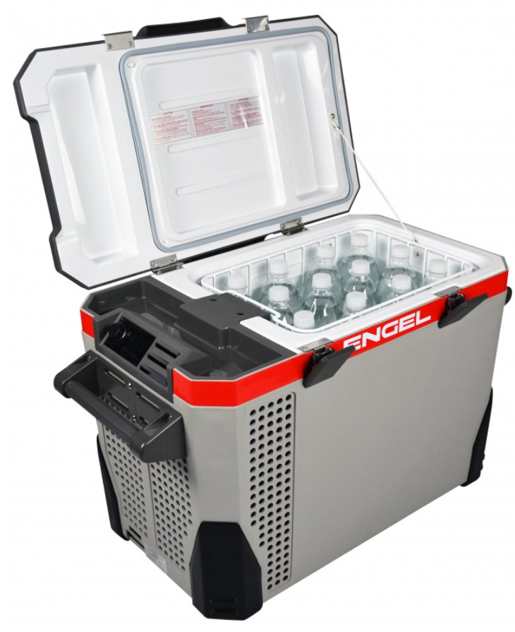 open fridge engel with water bottles stored inside