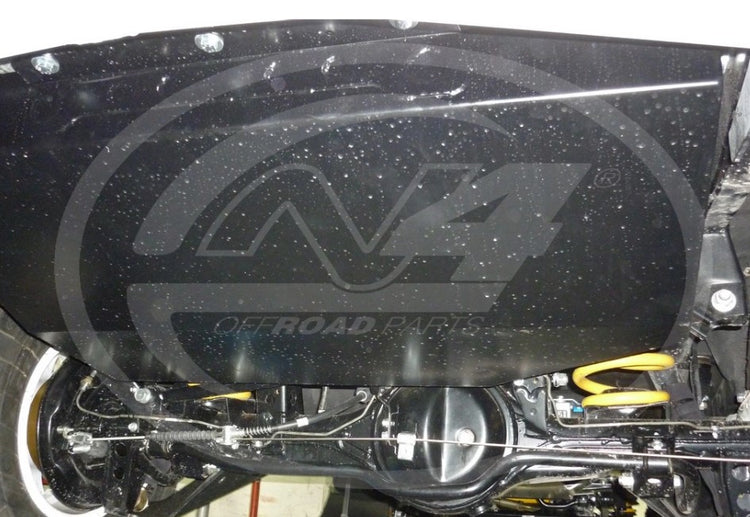 Black tank mounted under a vehicle with a large N4 logo on the image