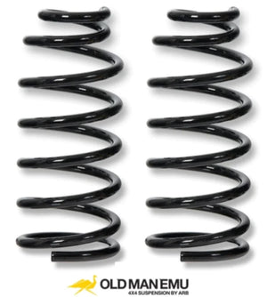 Two black OME springs on white background with yellow logo