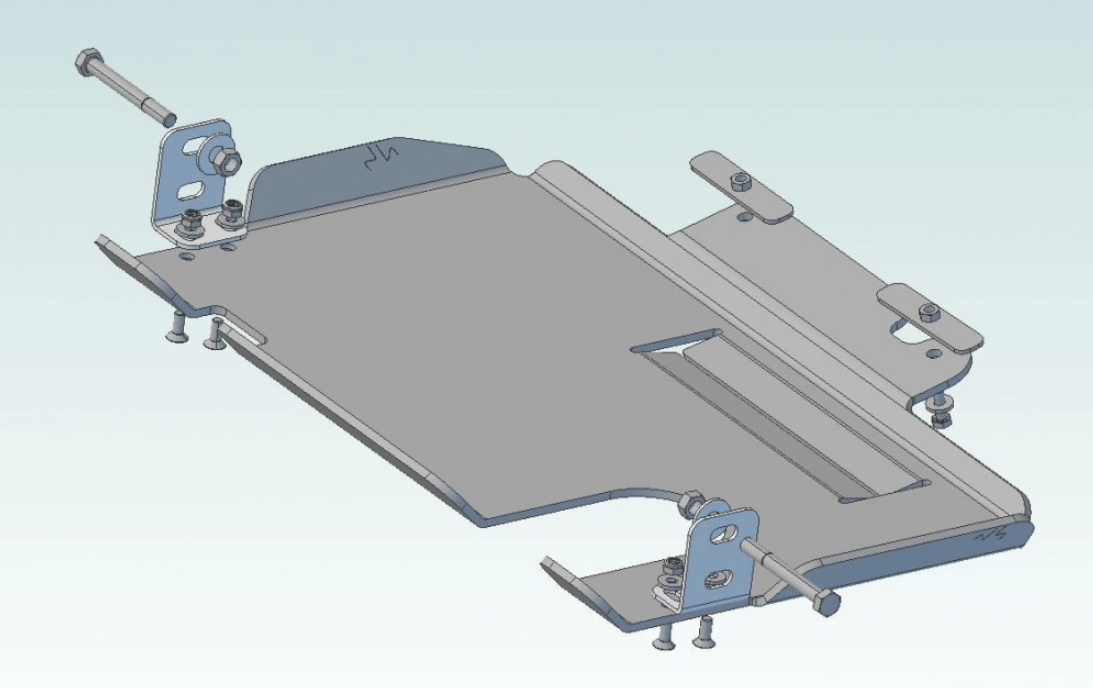 3d drawing of a protective ski with a view of bindings and screws