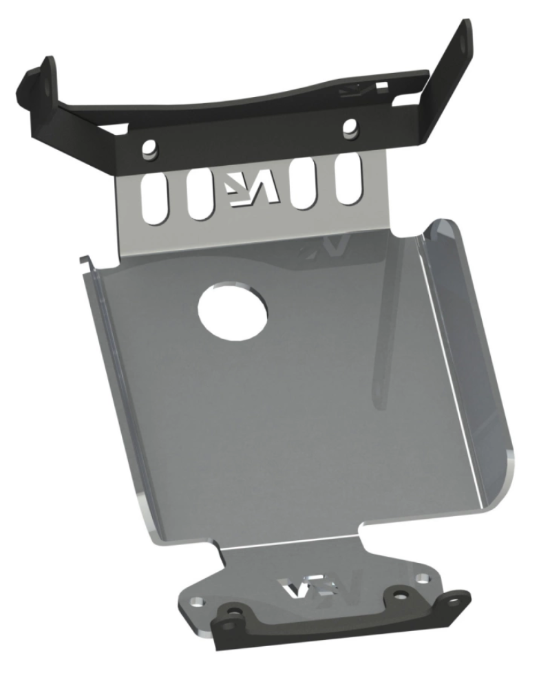 N4 offroad protective ski, bottom view, with holes in center, shown on white background