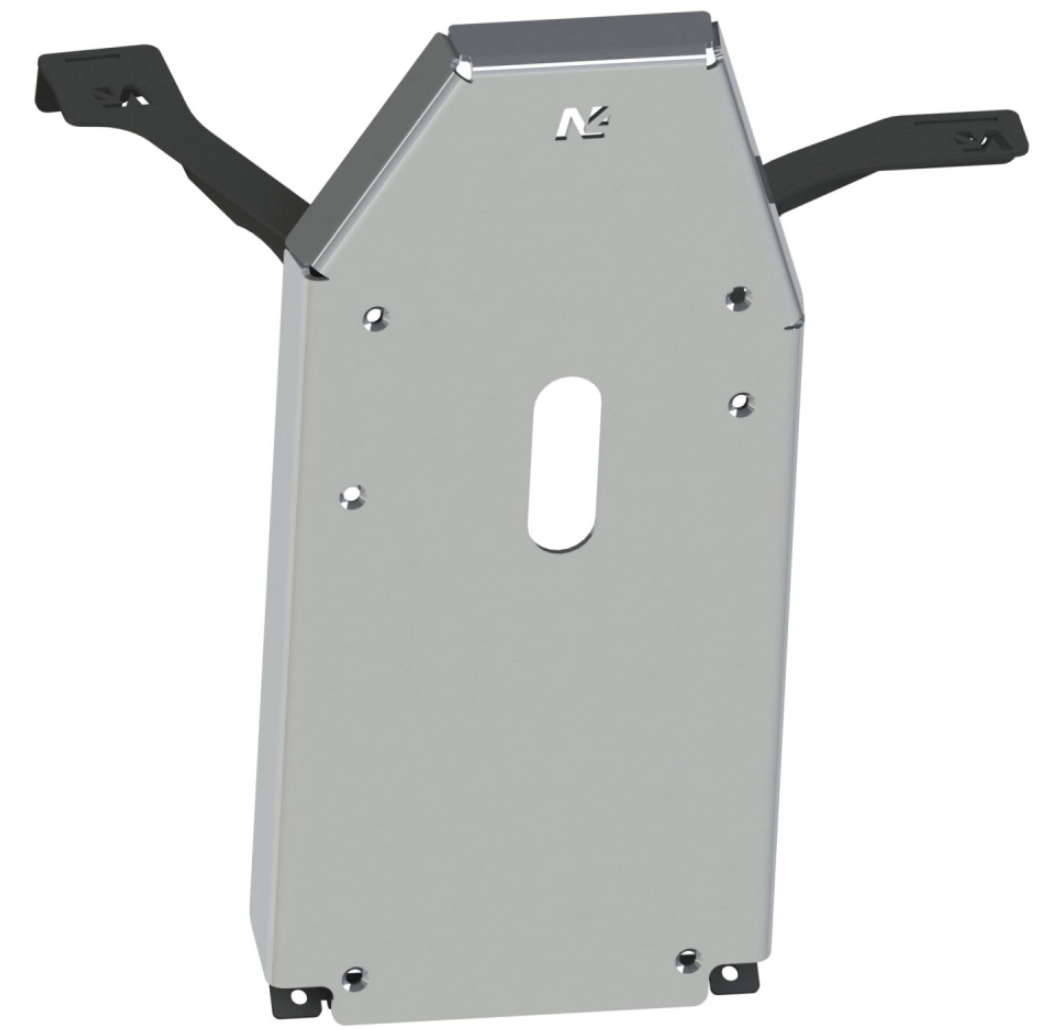 aluminium ski protector with two protruding binding lugs and 4 holes in the center