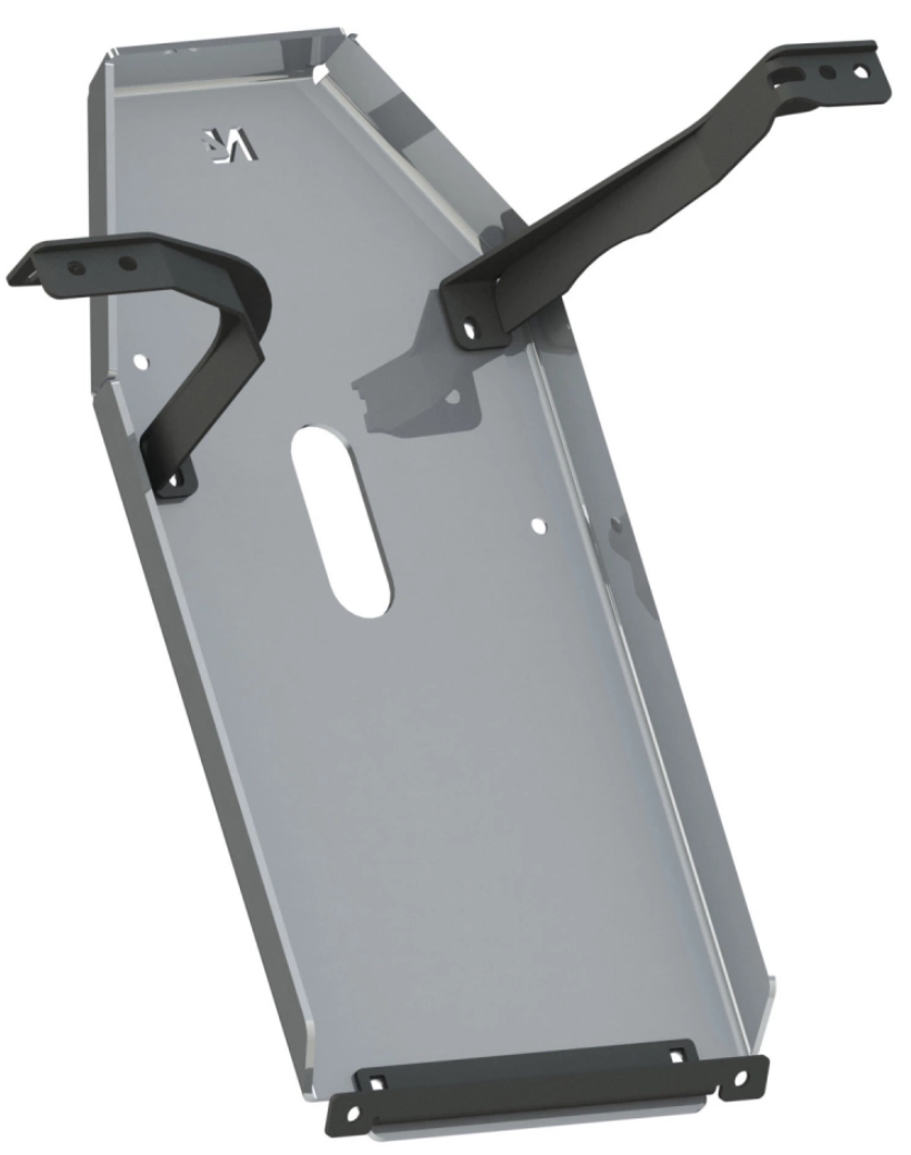 rear view of an aluminum protection ski with two protruding binding lugs and 4 holes in the center