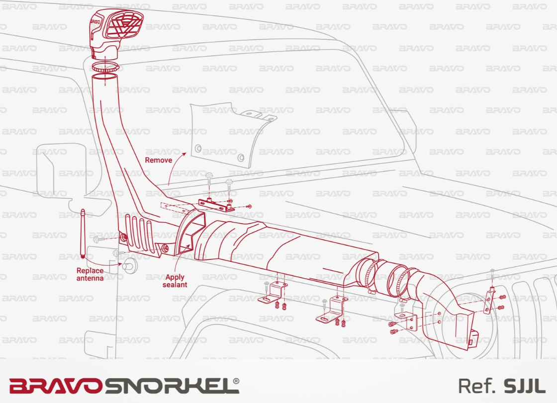 plan of assembly of a red snorkel on a jeep SJJL of mark bravo