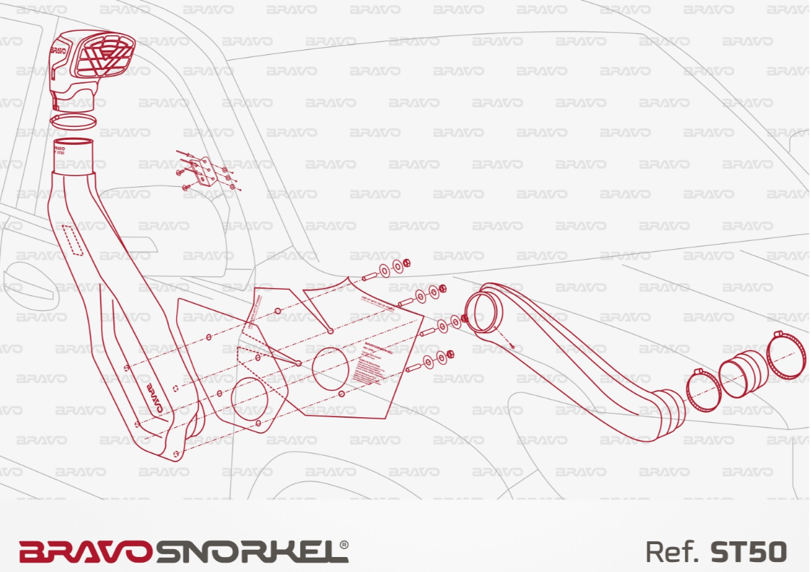 assembly drawing of the ST50 reference in red for a bravo snorkel